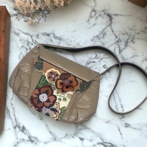 Vintage Moon Bag in Taupe Leather w/ Cross-stitch